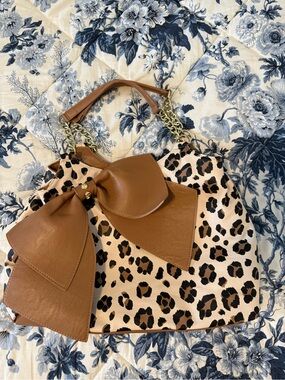 Betsey Johnson Leopard-Print Tote in Tan and Black with Bow Accent